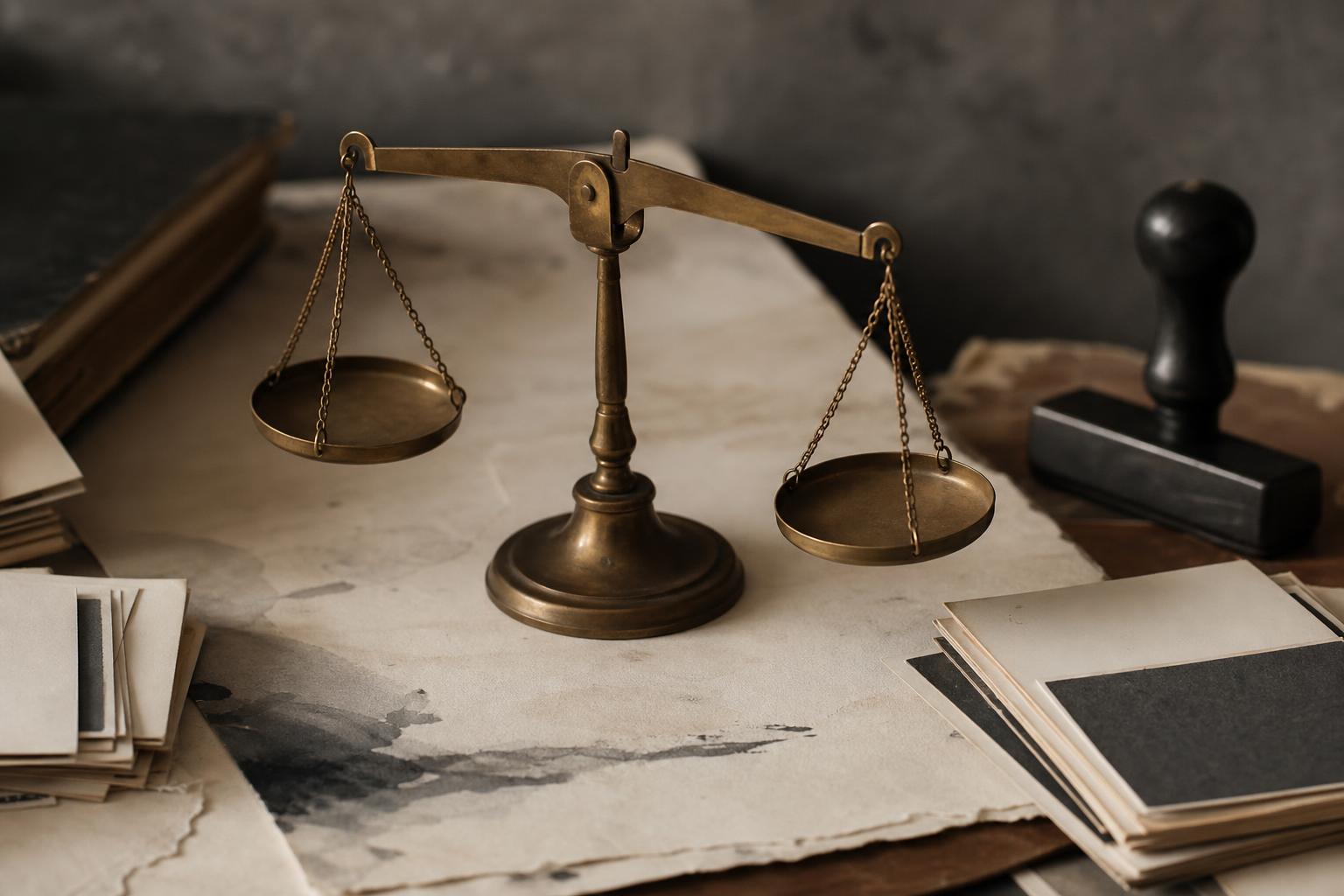 Brass balance scale on weathered paper — weighing reputation management firms