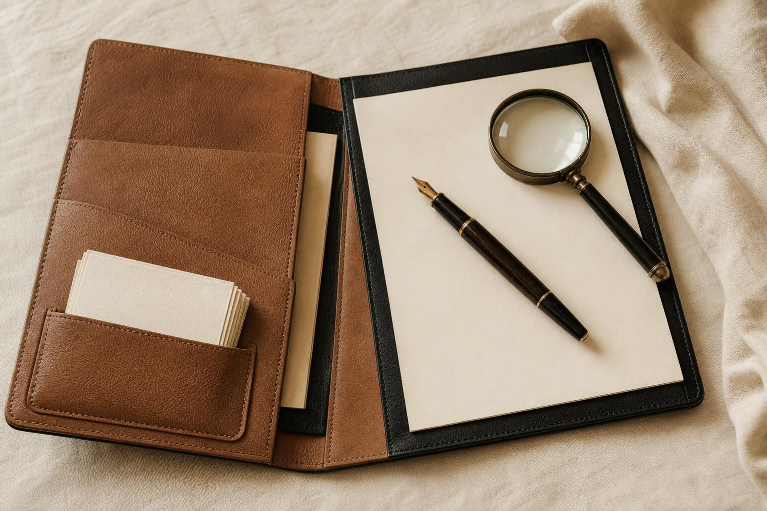 Open leather portfolio with magnifying glass and business cards — evaluating reputation management firms