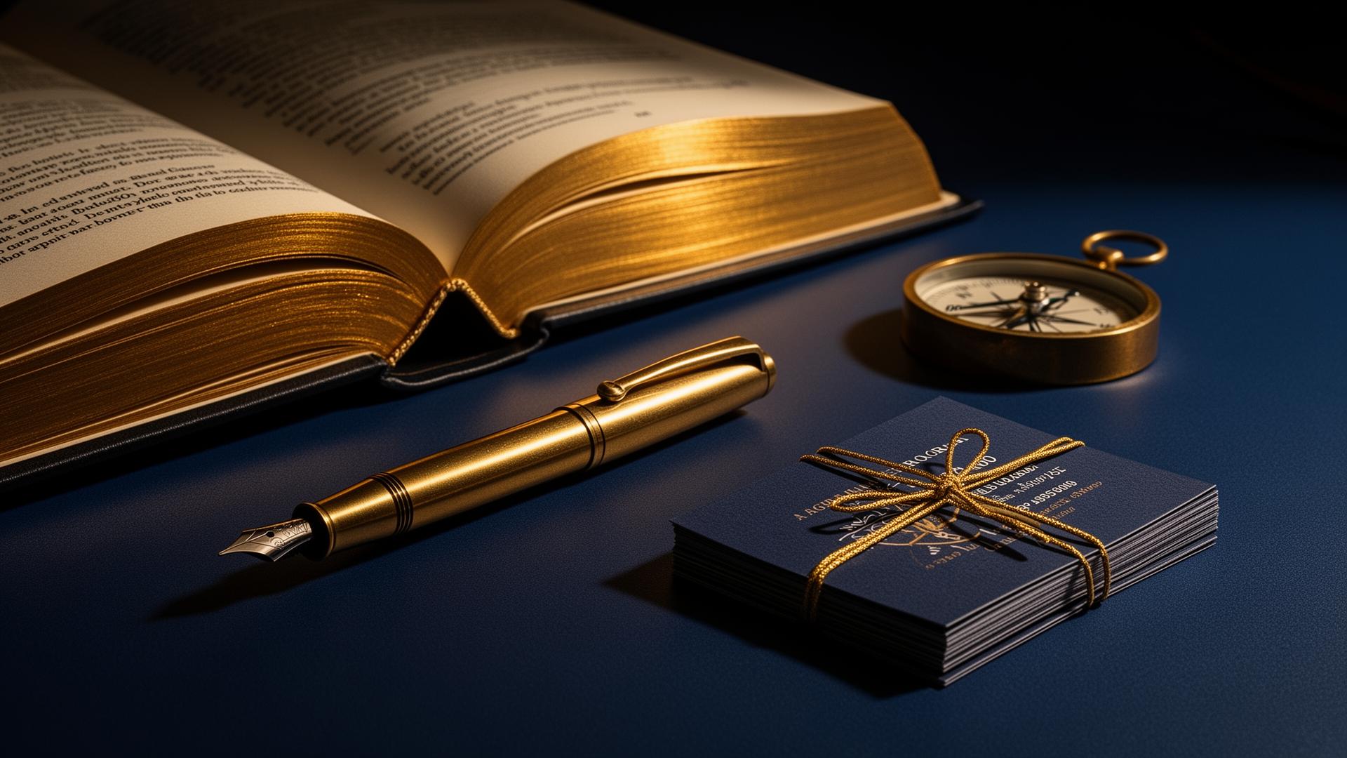 Open book with gilded pages, brass fountain pen, compass and bound business cards on a navy desk — final assessment of reputation management firms